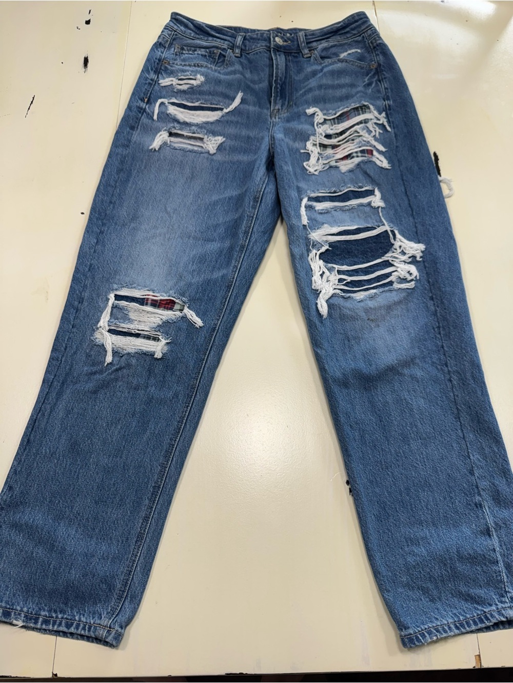 American Eagle Real Good Mom Straight Jeans - Distressed Plaid Backed Size 10r